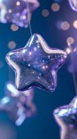 Magical glass star ornament with glittering cosmic pattern inside against blurred purple and blue bokeh background, creating dreamy holiday atmosphere.