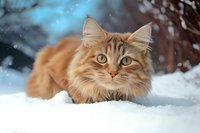 Ginger Norwegian Forest cat lying in fresh snow with bright green eyes and fluffy fur, winter outdoor portrait against blurred natural background.