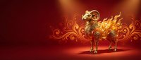 Golden ram with ornate decorative swirls and flame effects on red gradient background for Chinese New Year celebration and zodiac design projects.