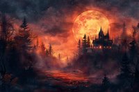 Dark gothic castle silhouette against giant orange moon in starry night sky with bare trees and mystical fog for fantasy horror themed designs.
