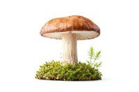 Brown forest mushroom growing on green moss patch with small fern sprout, isolated on white background for nature and food design projects.
