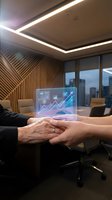 Business professionals shaking hands with holographic financial data display in modern conference room showing growth charts and analytics.