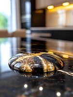 Elegant glass paperweight with golden swirls on luxurious black marble countertop, warm ambient lighting creates reflective highlights and bokeh effect.