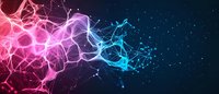Abstract digital network visualization with glowing pink and blue energy particles flowing through connected nodes against dark space background.
