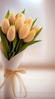 Delicate cream-colored tulips wrapped in white paper with elegant beige ribbon bow against soft blurred background. Fresh spring flowers for romantic occasions.