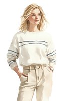 Young Caucasian woman in casual cream sweater with blue stripes and beige pants, hands in pockets, smiling confidently against white background. Fashion illustration style.