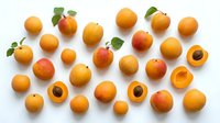 Ripe apricots with leaves arranged on white background, some cut in half showing pit. Fresh stone fruit for food, nutrition, and culinary design projects.