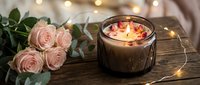 Romantic spa setting with scented candle, pink roses and warm fairy lights on rustic wooden surface creating cozy atmosphere for relaxation and self-care.