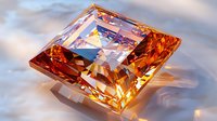 Square-cut precious gemstone in warm amber and orange tones with brilliant facets reflecting light, creating dramatic sparkle and luminous effects on soft background.