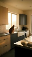 Orange tabby cat sitting on modern kitchen counter with green and wood cabinets, white subway tile backsplash, and warm natural lighting from window.