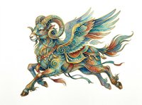 Ornate mythical creature with ram horns and wings in teal, gold, and rust tones, isolated on transparent background. Ready for t-shirt design, clipart, stickers, sublimation, and print-on-demand projects.