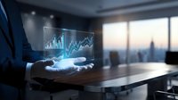 Business professional analyzing holographic financial data charts and graphs in modern office with city skyline view at sunset for investment planning.