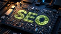 Circuit board with glowing SEO text for digital marketing and search engine optimization concepts in technology business applications.