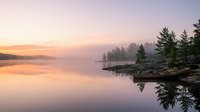Serene lake at sunrise with misty forest shoreline and calm water reflecting golden sky, ideal for nature and landscape projects.
