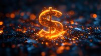Glowing golden dollar symbol on dark background with magical sparkles and bokeh lights. Financial concept for wealth, success and prosperity in business.