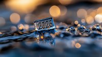 Frozen ice cube with number 2026 on water surface with golden bokeh lights and reflections creating magical winter atmosphere. Macro photography.