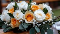 Elegant bridal bouquet with white and peach roses, eucalyptus leaves and baby's breath flowers for wedding ceremony and romantic celebrations.