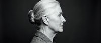 Senior woman with gray hair in profile against dark background, wearing textured sweater, suitable for healthcare, aging, wellness, and portrait projects.