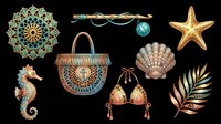 Boho beach clipart set with seahorse, starfish, shell, bikini top, tote bag, mandala, and tropical leaf, isolated on transparent background for stickers, sublimation, and t-shirt design.