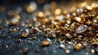 Shimmering gold nuggets and dust scattered on dark surface, creating luxurious contrast with bokeh background effect.