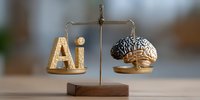 Golden balance scale comparing AI text with human brain, symbolizing artificial intelligence versus human cognition in decision-making and technology ethics.