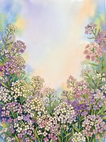 Watercolor wildflower border frame with delicate blooms in soft pastels creating dreamy spring garden background for romantic designs and invitations.