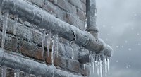 Frozen water pipes with icicles hanging from brick building during winter snowfall creating hazardous conditions for property maintenance and plumbing repairs.
