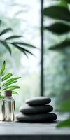 Stacked zen stones with essential oil bottle and green palm leaves on windowsill. Soft natural daylight creates peaceful spa atmosphere for wellness and meditation.