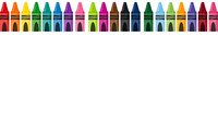Row of colorful crayons isolated on white background, ready for design use on educational materials, clipart, and creative projects.