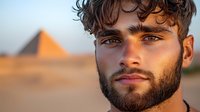 Young Mediterranean man with beard and curly dark hair in warm sunset light against blurred Egyptian pyramid background, close-up portrait showing confidence and style.