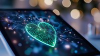 Glowing digital heart shape with network connections on dark background with bokeh lights creates futuristic romantic technology concept.