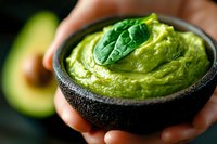 Fresh avocado guacamole dip garnished with spinach leaves in black stone bowl, hands holding bowl. Mexican cuisine appetizer for healthy eating.
