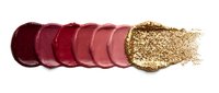 Lipstick swatches in burgundy red tones with golden glitter eyeshadow powder isolated on white background for cosmetic design and beauty tutorials.