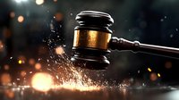 Dramatic wooden judge gavel with sparks and bokeh lights against dark background, symbolizing power of law and justice system in action.