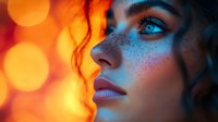 Young woman with freckles in dramatic orange and blue lighting, side profile portrait showing ethereal beauty with bokeh background and curly hair falling naturally.