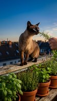 Brown cat standing on wooden railing with potted herbs on rooftop terrace overlooking cityscape. Hand offering fresh grass to feline. Sunny day with clear blue sky and urban buildings in background.