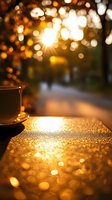 Coffee cup on wet surface during golden sunset with bokeh lights and raindrops creating magical atmosphere. Cozy autumn evening mood for lifestyle blogs.