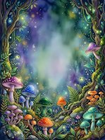 Enchanted forest frame with glowing mushrooms, magical lights, and ornate branches creating a mystical woodland border with vibrant purple, green, and gold tones. Perfect for fantasy designs.