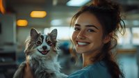 Young Caucasian woman with long dark hair in blue shirt holding fluffy Papillon dog with distinctive butterfly-like ears, both smiling at camera in indoor setting.