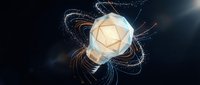 Futuristic geometric sphere with glowing energy trails and particle effects on dark background for technology and innovation concepts.