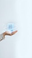Hand holding holographic database server with network connections floating above palm on white background for technology presentations.