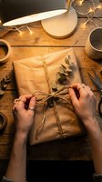 Person with light skin tone wrapping kraft paper gift box with twine on wooden desk, surrounded by warm lighting and eucalyptus leaves for holiday packaging and craft projects.