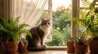Adorable tabby and white kitten sitting on sunny windowsill surrounded by green potted plants and ferns creating cozy indoor garden atmosphere.