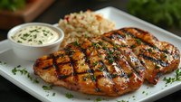 Grilled chicken breast with grill marks and fresh herbs, served with creamy garlic sauce and rice pilaf on white rectangular plate, close up food photography.