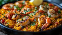 Flavorful Spanish paella with grilled shrimp, saffron rice, bell peppers, and fresh herbs in traditional cast iron pan, close up view of Mediterranean cuisine.