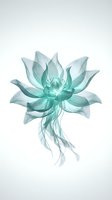 Ethereal turquoise lotus flower with delicate translucent petals and flowing roots isolated on white background, suitable for wellness, spa, and botanical design projects.