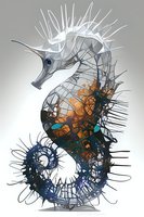 Artistic seahorse in geometric style with orange and blue gradient colors against light background, featuring sharp spiky details and modern abstract design elements.