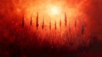 Dramatic red field with tall grass silhouettes against fiery sunset sky, creating atmospheric landscape for nature-themed designs.