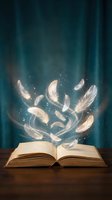 Open book with magical floating feathers and sparkling lights creating mystical atmosphere for education, literature, storytelling and fantasy concepts.