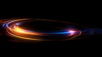 Glowing spiral light trails in orange and blue colors against black background create dynamic motion effect for technology and space design concepts.